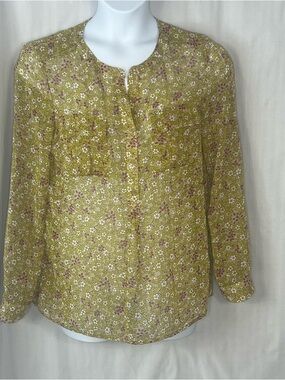 QMack Top Blouse Sheer Floral Green & Purple Long Sleeve Button Front EUC L 👍